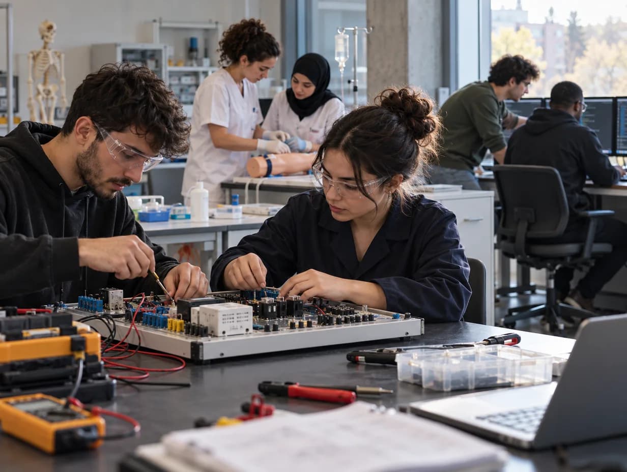 Alumnado joven y adulto trabajando en electrónica, simulación sanitaria e informática en un laboratorio de formación profesional