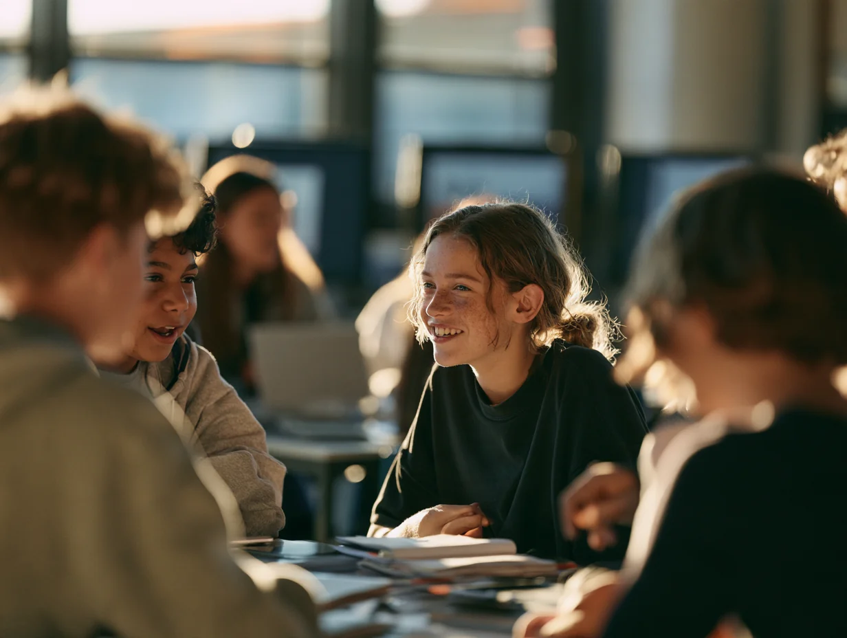 Estudiantes trabajando en grupo en el aula de 1.º de ESO