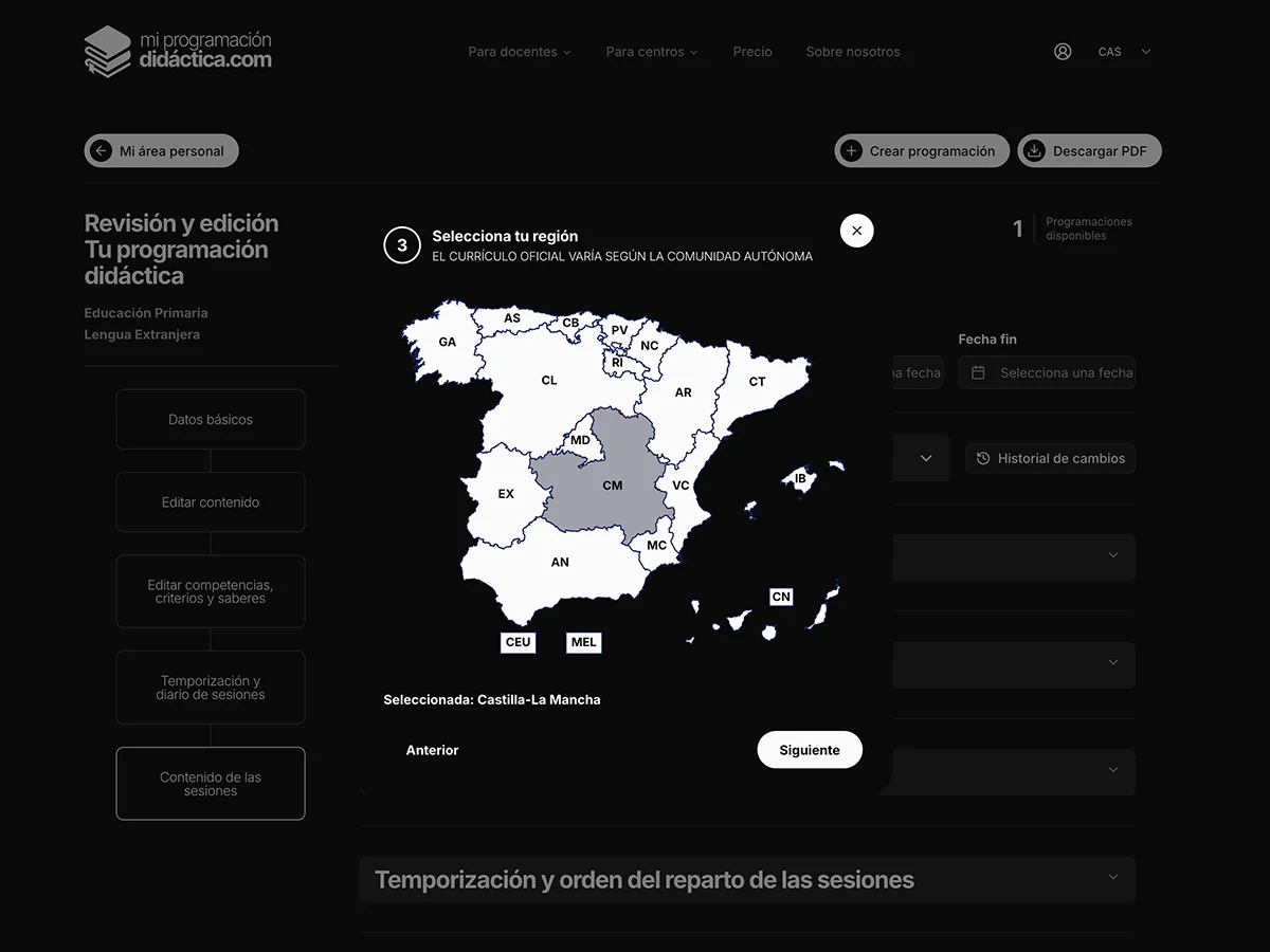 Selección de comunidad, curso y materia para crear la programación didáctica